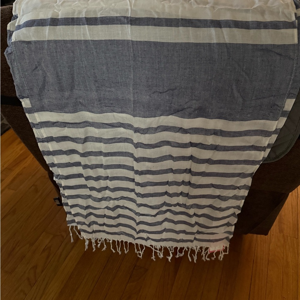 Isaac Mizrahi Navy and White Striped Scarf with fringe